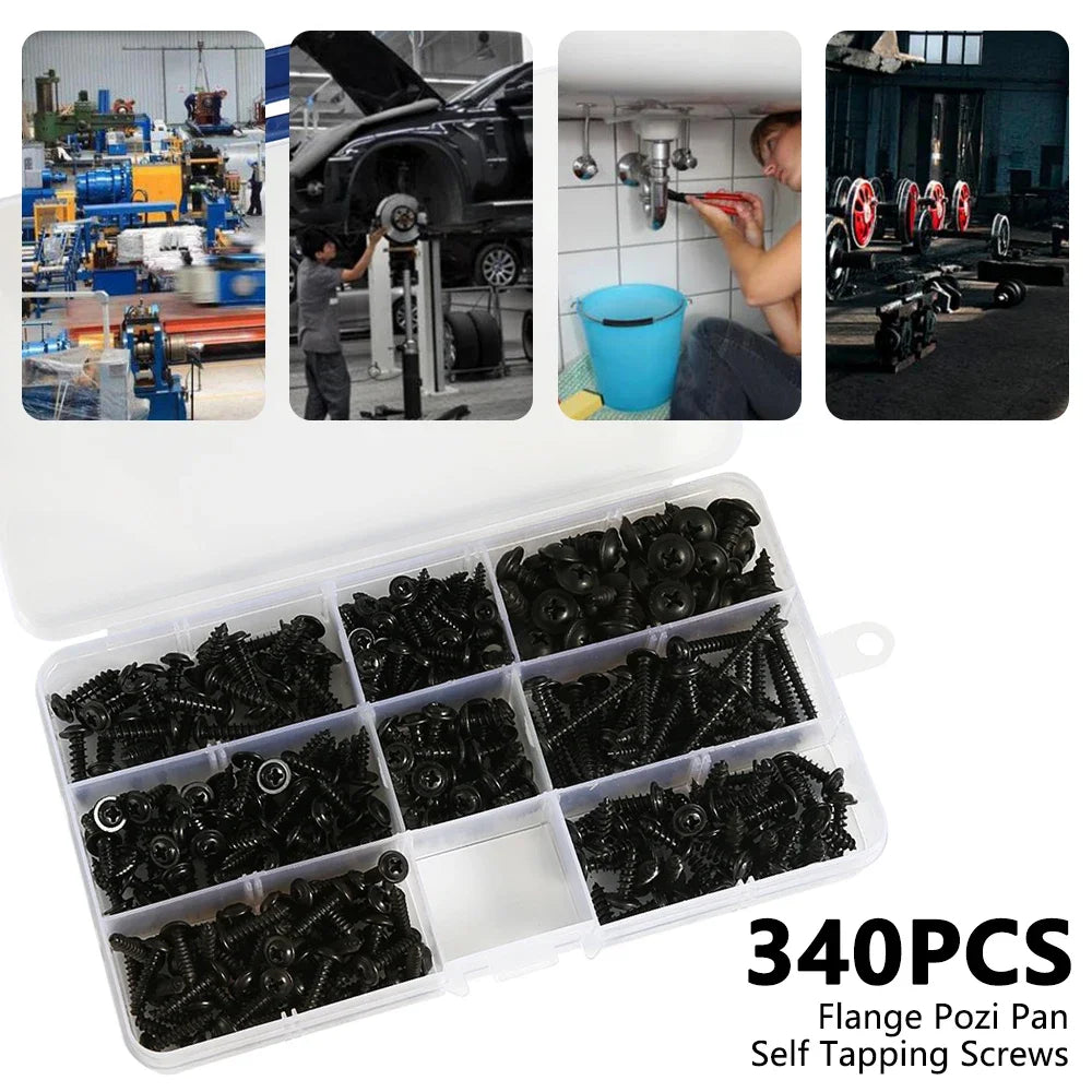 500/340/200PCS M3 Screw Cross Head M3/M4/M3.5/M4.8 Self Tapping Screw Black Carbon Steel Pan Head Round Head Screw Combination Qme