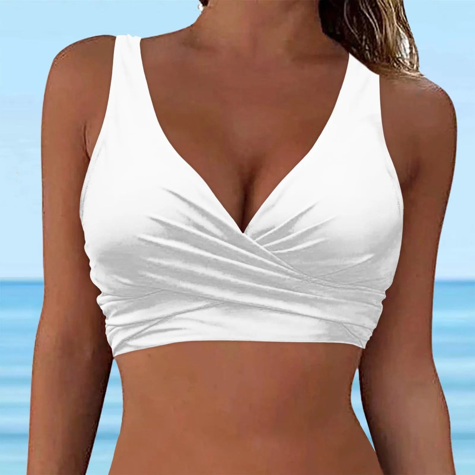 Female Basic Backless Sexy Swimming Top Fashion High Waist Solid Color Cross Tie Bra Pad No Steel Support Swimsuit Qme White L