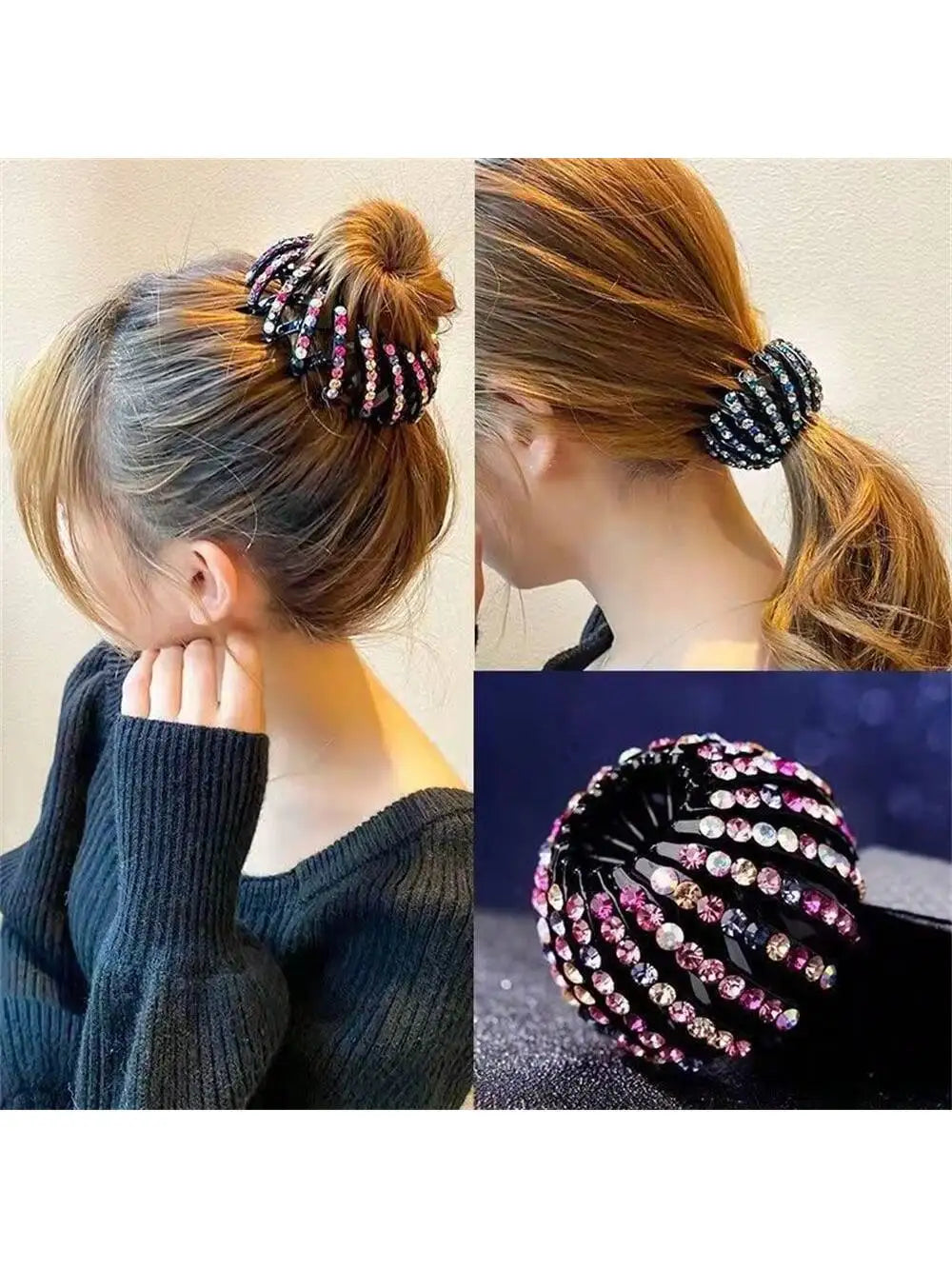 Tie Up Ponytail Bird's Nest Hair Loop Rhinestone Grabbing Clip Qme