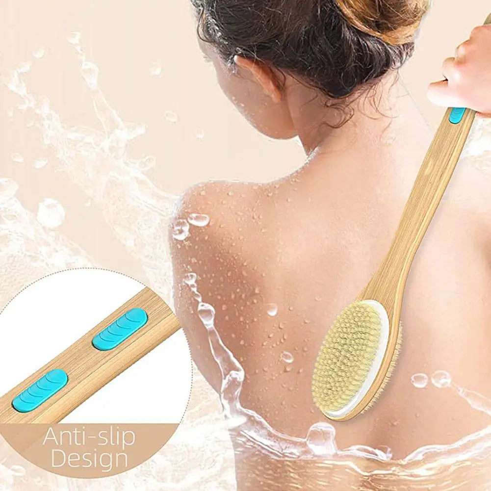 Bamboo Shower Brush with Soft and Stiff Bristles, Bath Long Wet Body Dry Exfoliator, Brush Scrubber, or Back Dual-Sided Han L8T3 Qme