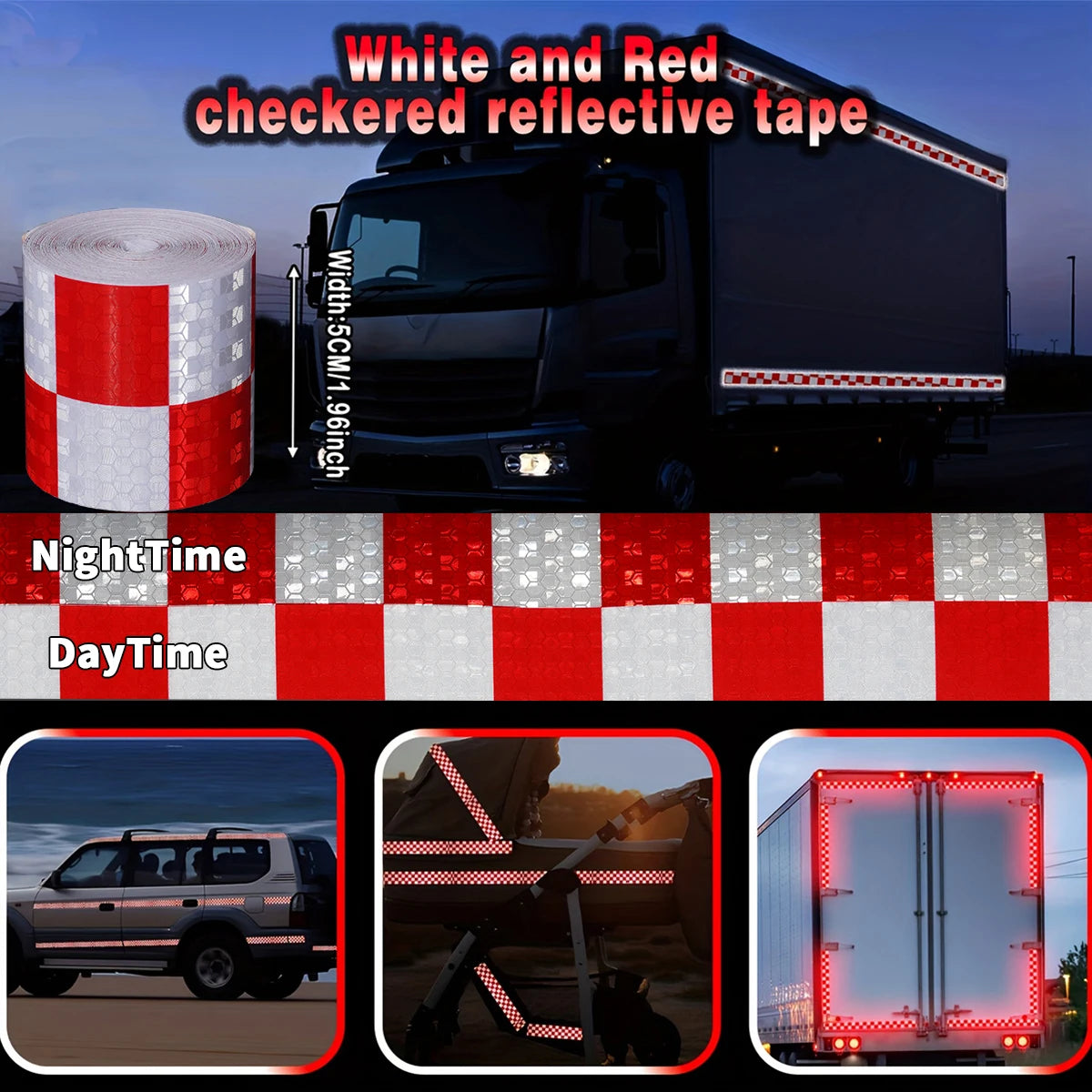 Reflective Sticker Square Grid Checkered Pattern Reflector Tape Red Yellow Fluorescent White Reflect Film For Truck Car Road Qme White and Red 5m 5cm