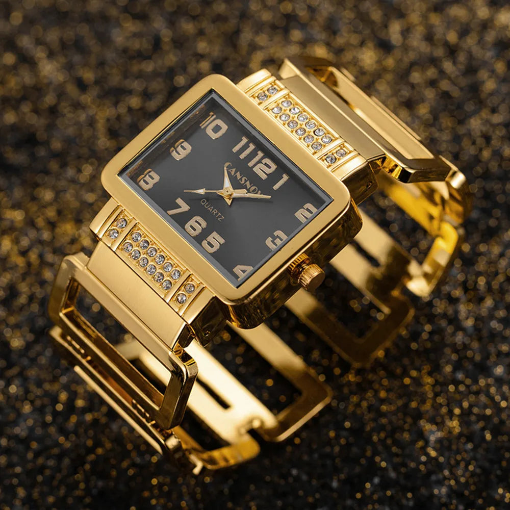 Cansnow Rectangle Ladies Watch Bracelet or Silver Bracelet Watches for Women with Hollow Stones and Quartz Fashion Clock Qme Gold Black