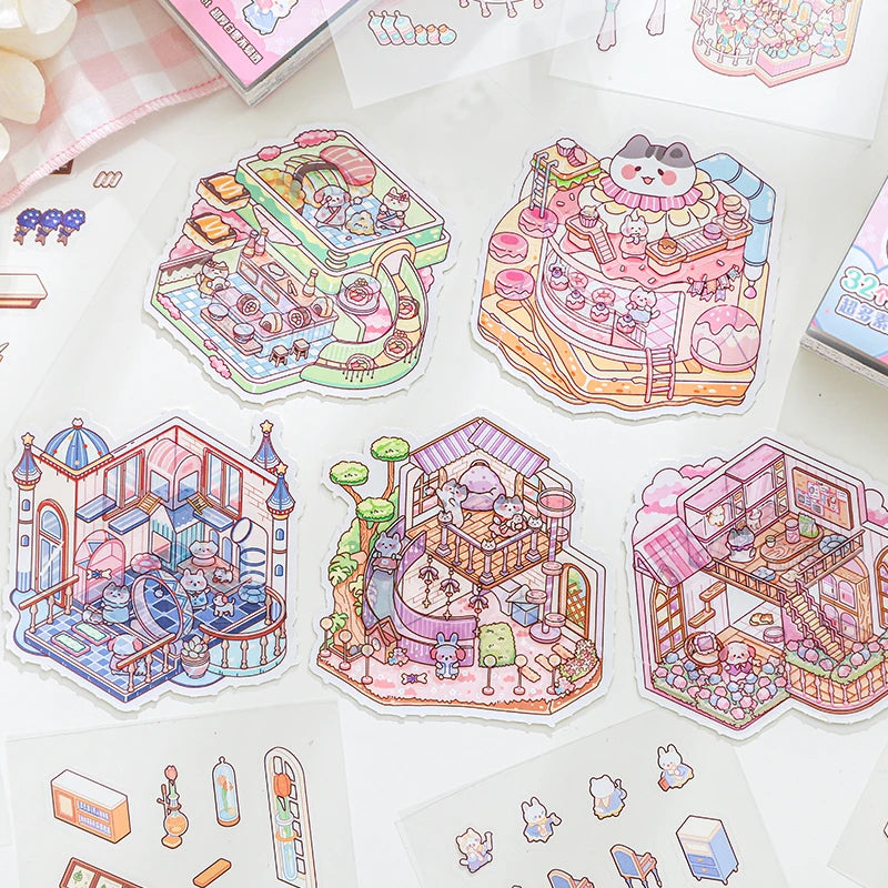 TIANZI 24/96 Pcs 3D Cartoon Landscape Sticker Book DIY Scrapbooking Aesthetic Stationery Stress Relief for Students Qme