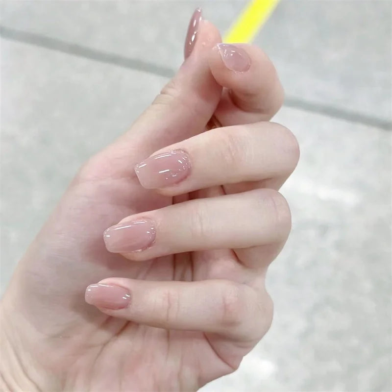 Nude Pink Cat Eye Press-on Nails Reusable Glossy Translucent False Qme