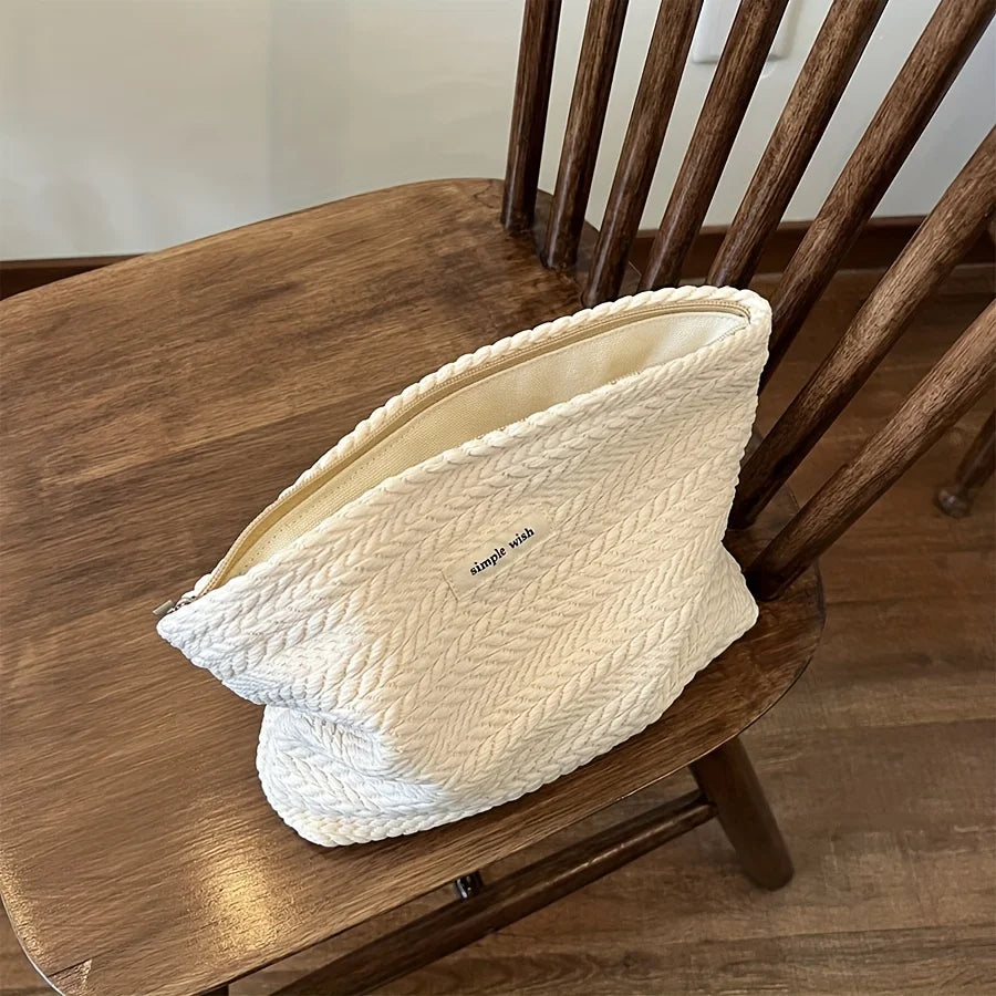 Nordic Style Embossed Weave Makeup Storage Bag Soft Fabric Cosmetic Pouch Portable Travel Toiletry Organizer Purse Qme Ivory