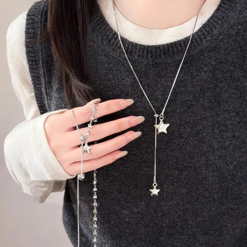 Silver Color Asymmetrical Star Pendant Adjustable Snake Chain Necklace For Women Qme