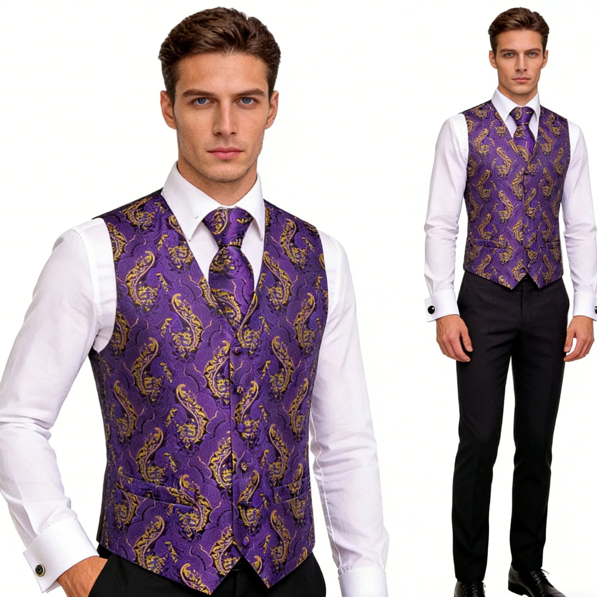 Mens Purple Suit Vest Tie Hanky Cufflinks Set Jacquard Floral Paisley Waistcoat Sleeveless Jacket for Male Wedding Busniess Qme