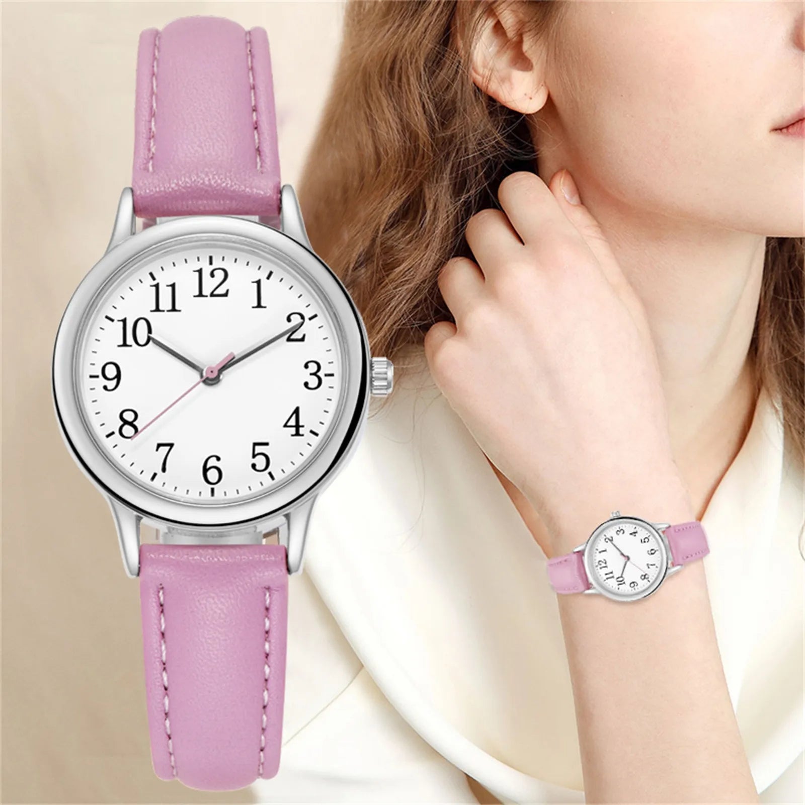 Leather Strap Movement Women Quartz Fine Watch Easy To Read Arabic Numerals Simple-Dial Fashion Minimalism Daily Versatile Watch Qme Purple