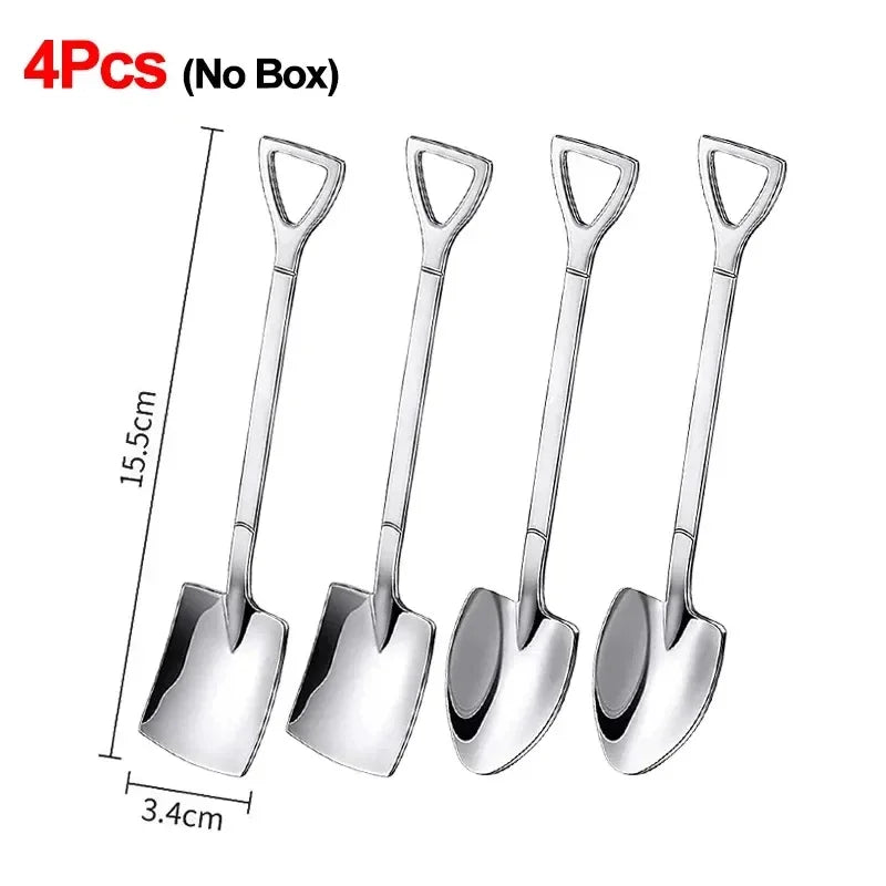 Stainless Steel Shovel Spoon Cutlery Coffee Tea Spoon Ice Cream Dessert Fruit Party Scoop Teaspoon Kitchen Tableware Cutlery Set Qme MIX-4PCS