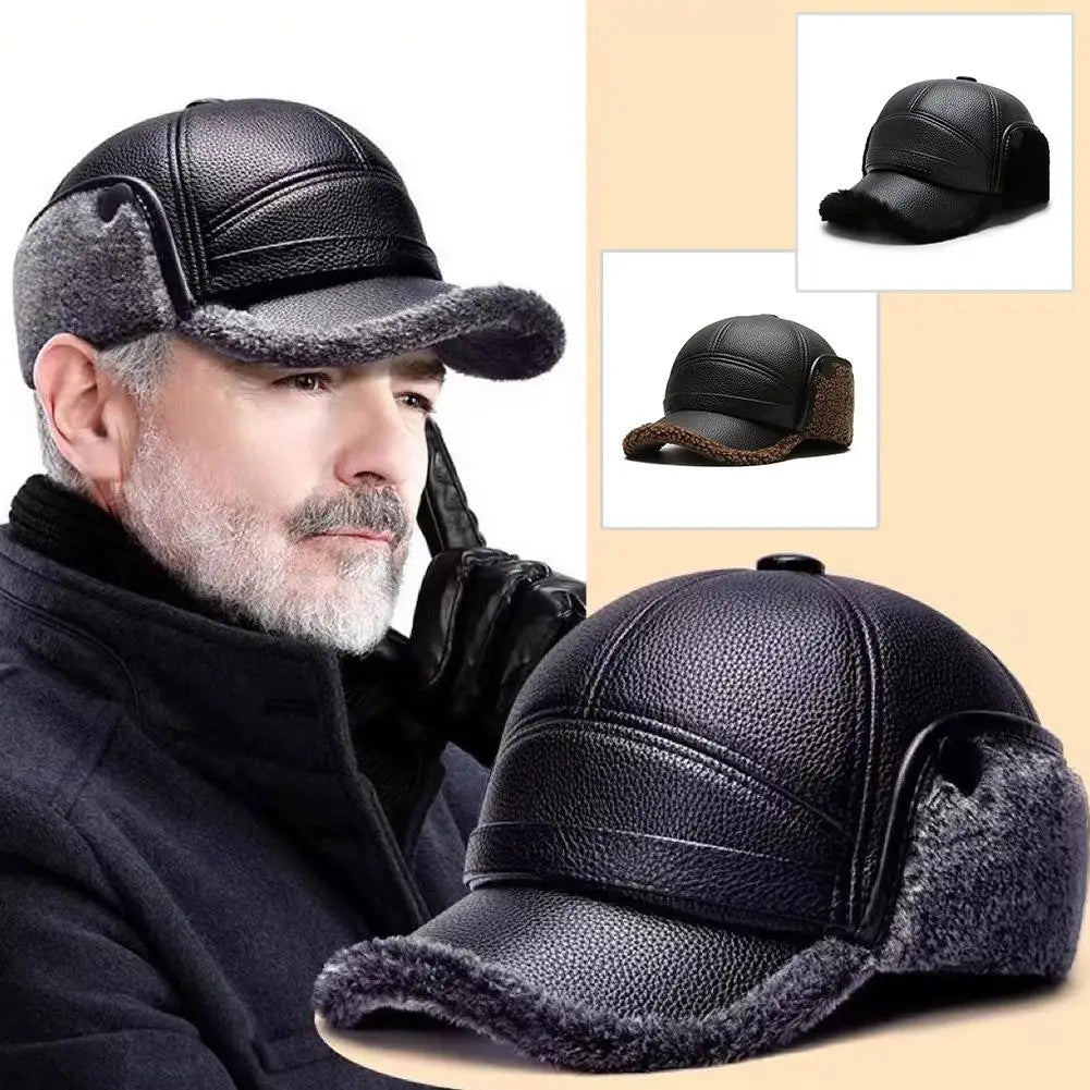 NEW Pu Leather Baseball Cap Men Winter Warm Hat Dad Grandpa Thermal Hat Thick Warm Leather Hat Old Man Ear Protection Cap Qme