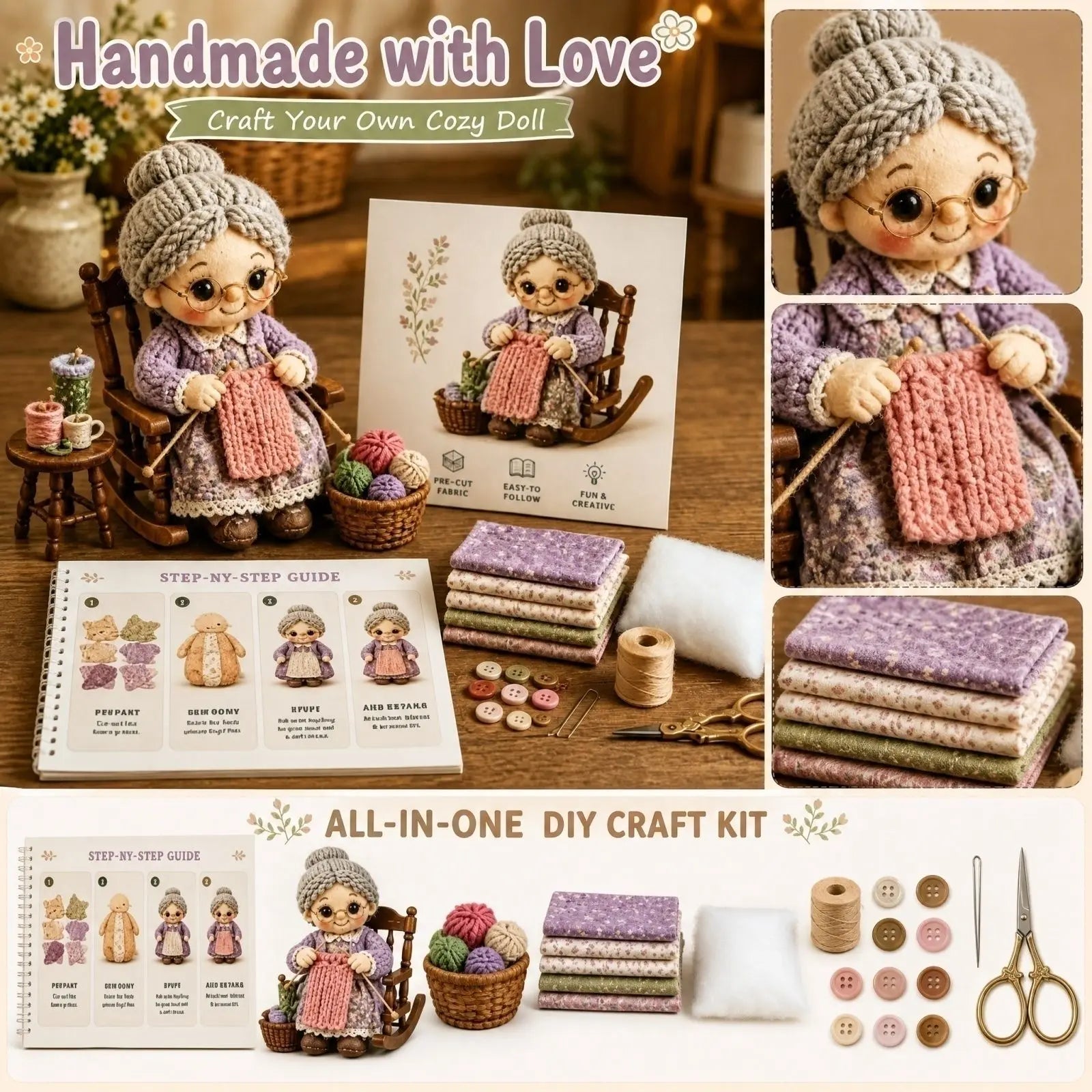 Doll Patchwork DIY Kit Complete Sewing Material Pack Fabric Accessory Set Handcraft Making Supplies for Beginner and Craft Lover Qme F One Size