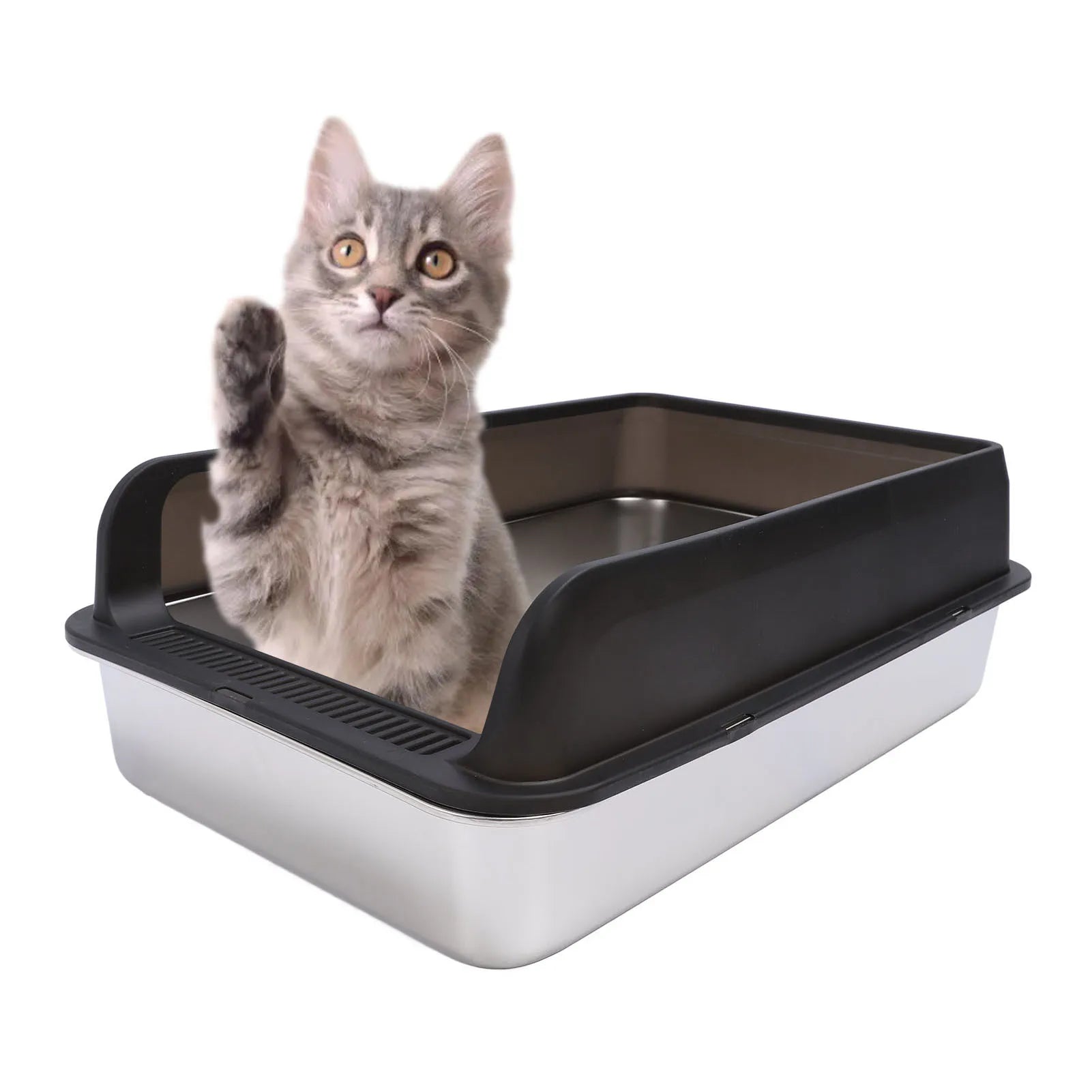 Stainless Steel Cat Litter Box with Lid Anti Splash High Sided Odor Free Semi Enclosed Easy Clean Pet Toilet Tray Qme black XL