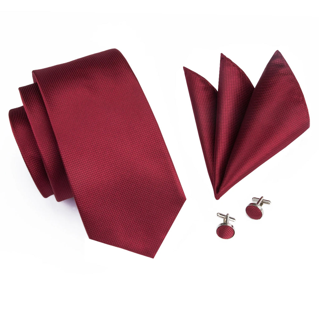 Burgundy Solid Mens Necktie Luxury Wide Wedding Tie Pocket Square Qme