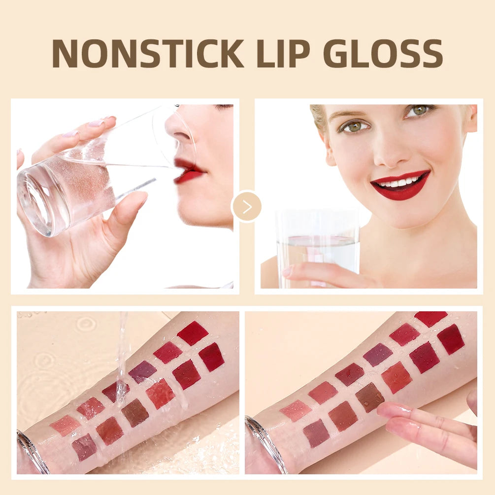QIBEST 12 Colors Matte Lipgloss Sets Waterproof Liquid Lipstick Makeup Lip Color Long Lasting Sexy Red Pink Nude Lipgloss Makeup Qme