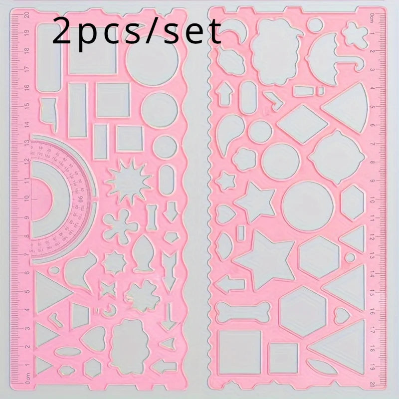 2pcs/set Multifunctional Geometric Ruler for Drawing and Crafting - Flower, Semicircle, and Geometric Patterns - Fun Qme Pink