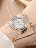4-piece women's watch set with diamond studded fake three eye decoration quartz watch, simple and niche watch set for girls Qme Silver No