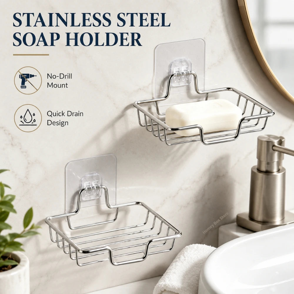 Wall Mounted Self Adhesive Soap Dish 1/3/5Pcs Stainless Steel Soap Holder Bathroom Shower Drain Storage Organizer Rack Qme