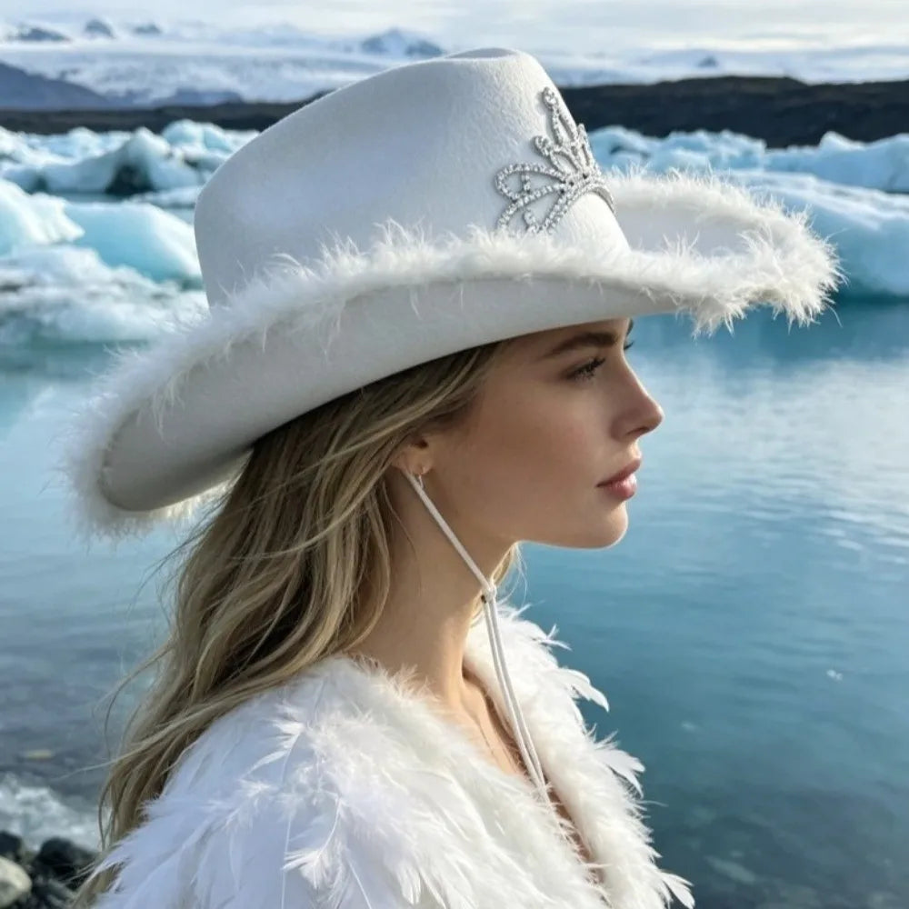 Wide Curved Brim Rhinestone Tiara Cowgirl Hat Soft Felt Western Qme