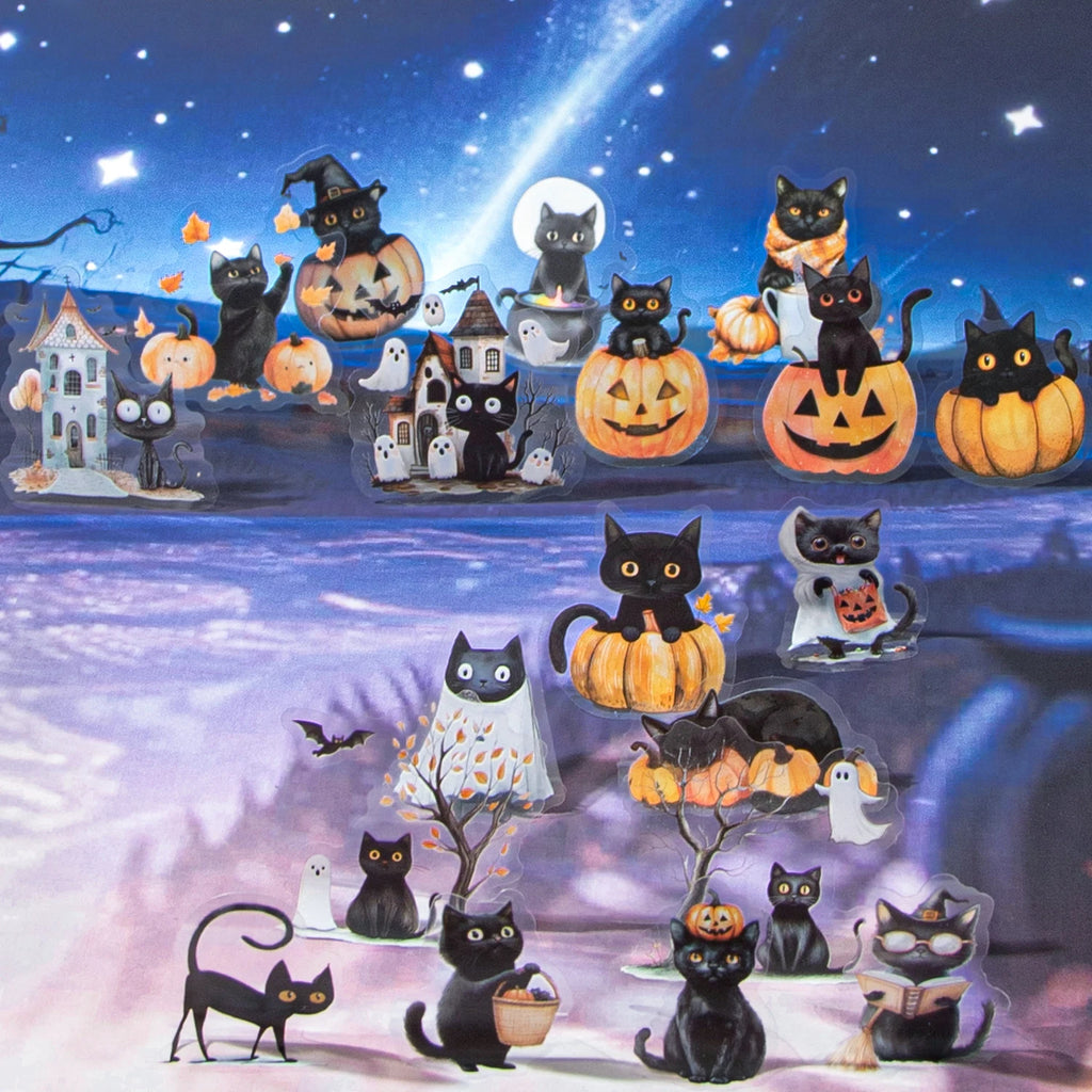 Halloween Cat Pumpkin Stickers 20 Sheets PET Waterproof DIY Scrapbook Journal Laptop Phone Case Decoration for Kids Adults Qme