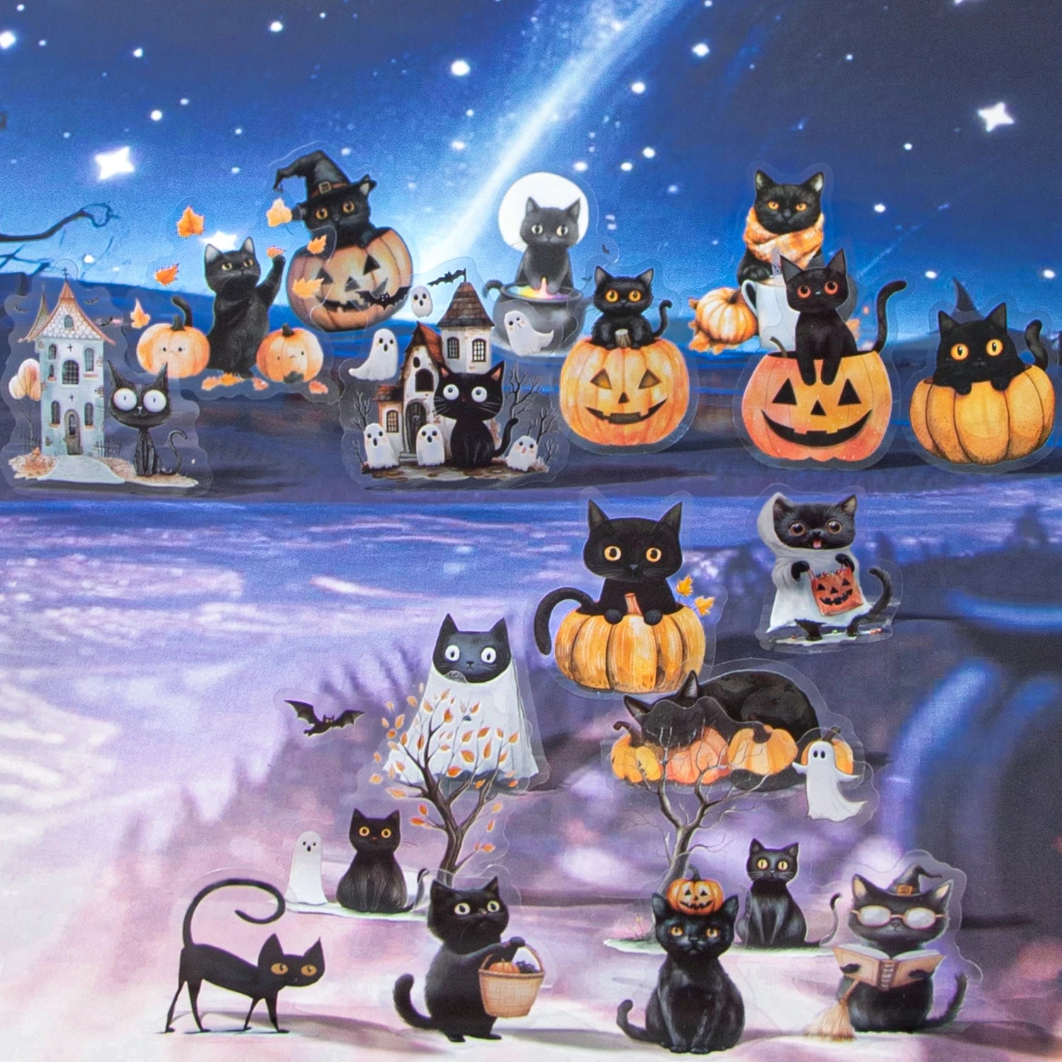 Halloween Cat Pumpkin Stickers 20 Sheets PET Waterproof DIY Scrapbook Journal Laptop Phone Case Decoration for Kids Adults Qme