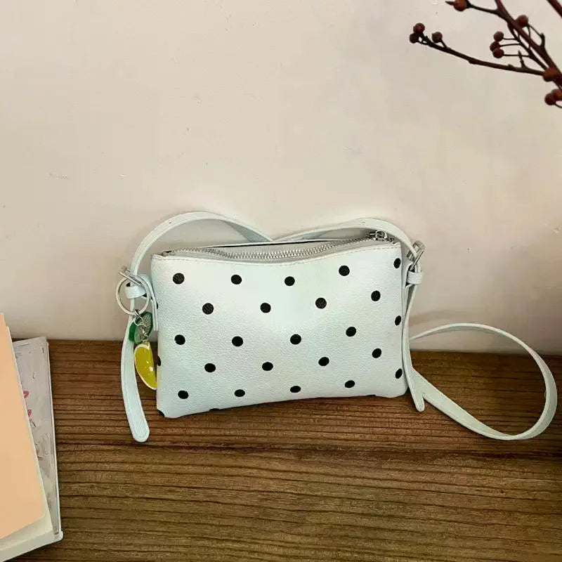 Color PU Leather Crossbody Bag Black Polka Dot Print Cute Fruit Charm For Daily Shopping Dating Casual Trips Qme