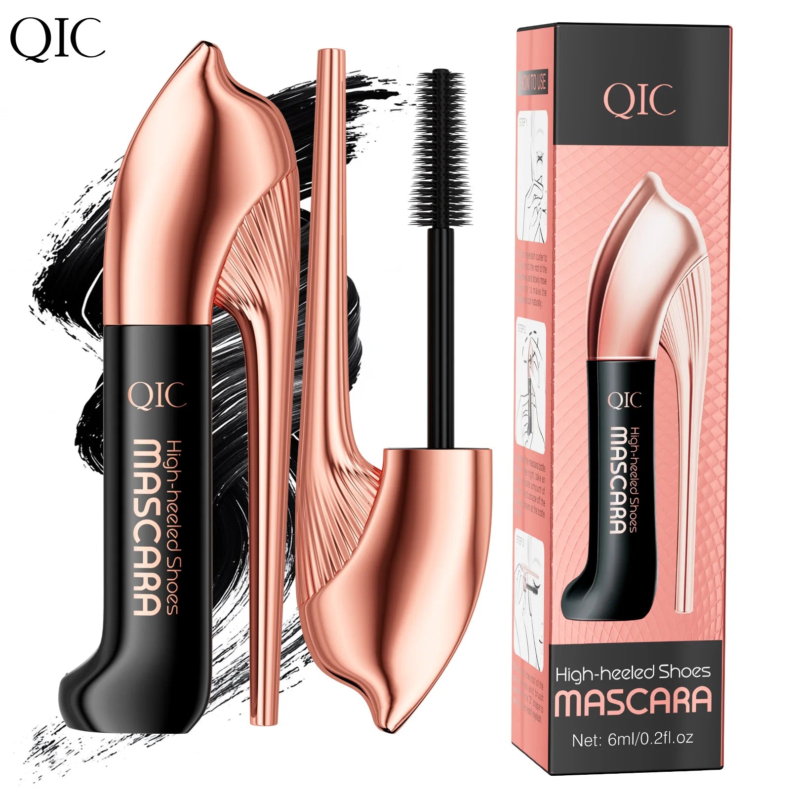 QIC High-heeled Shoes Mascara 3D Fiber Mascara, Long Black Volumizing Eyelash Extension, Waterproof Eye Makeup Tool Qme