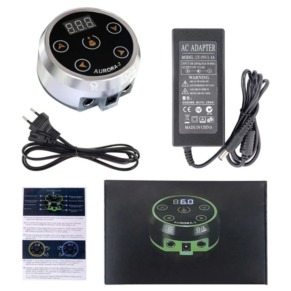 Brand New Mini AURORA LCD Touch Pad Tattoo Power Supply Qme Silver EU Cable