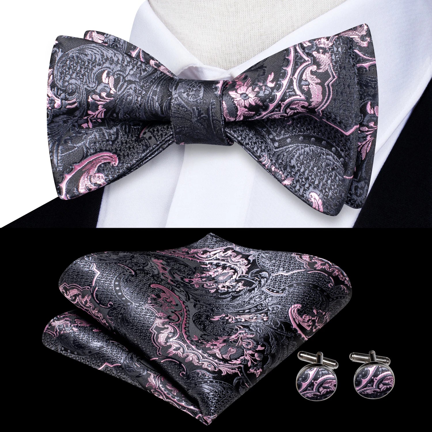 Hi-Tie Silk Mens Self Bow Tie Hanky Cufflinks Set Blue Red Gold Black White Male Jacquard Butterfly Knot Bowtie Wedding Business Qme LH-2063