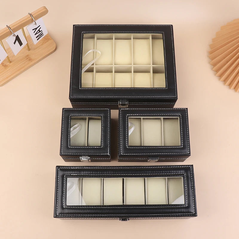 1Pc Black PU Leather Watch Box Display Case Organizer With Framed Glass Lid And Removable Pillow For Men And Women Qme