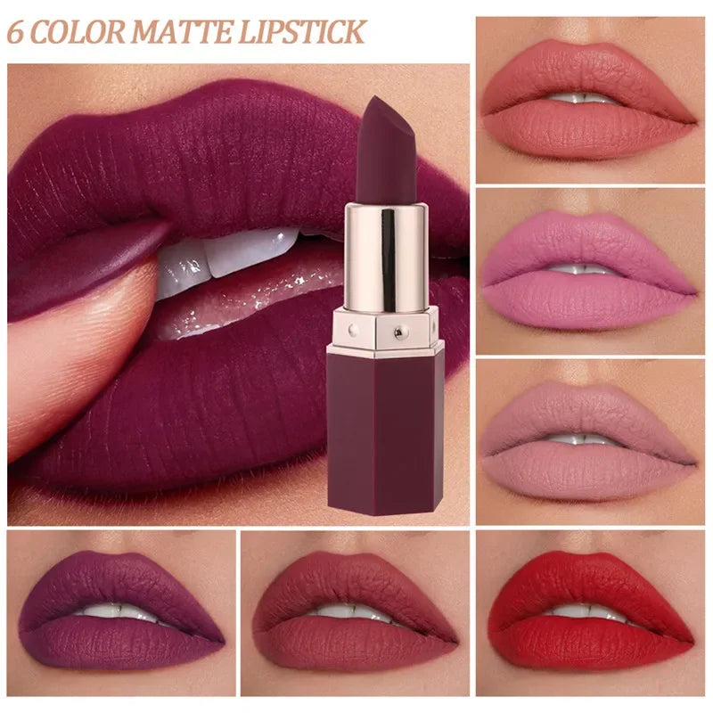6 Colors Matte Waterproof Long Lasting Velvet Lipstick Sexy Red Nude Pigments Makeup Profissional Lip Make Up Lipstick Cosmetic Qme