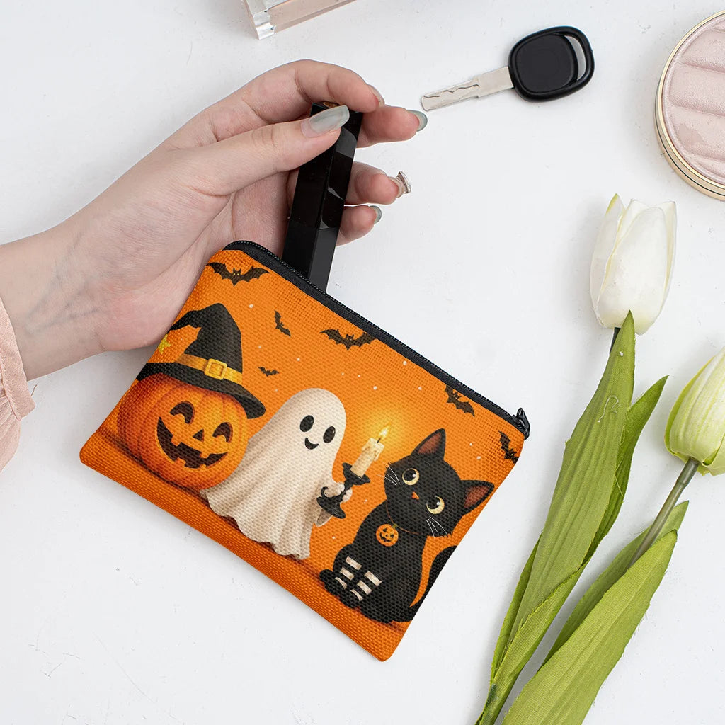 Cute Halloween Pumpkin Ghost Black Cat Canvas Coin Purse Zipper Small Pouch Wallet for Cards Keys Change Holiday Gift Qme
