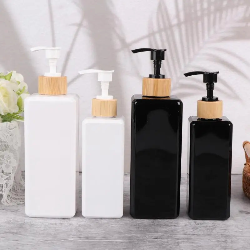 Bamboo Pump Bottles Lotion Containers Bathroom Dispensers Square Qme