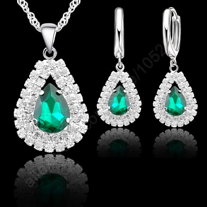 Hot Sale Bridal Jewelry Set 925 Sterling Silver Color Austrian Crystal Water Drop Necklaces Hoop Earring Women Party Engagement Qme