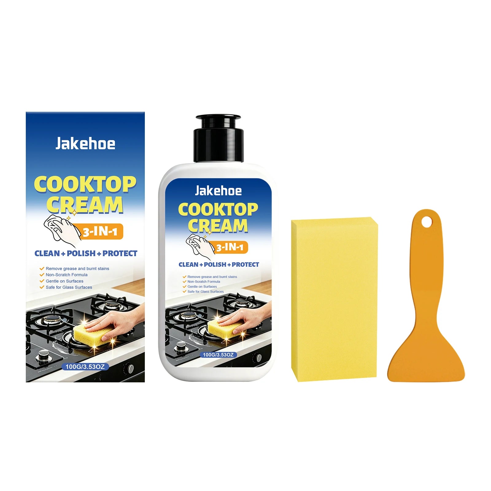 Multi-functional Kitchen Cleaner Remove Burnt Grease Food Residue & Tough Stain Form Protective Film 3-in-1 Cooktop Cleaning Kit Qme 100G Boxed