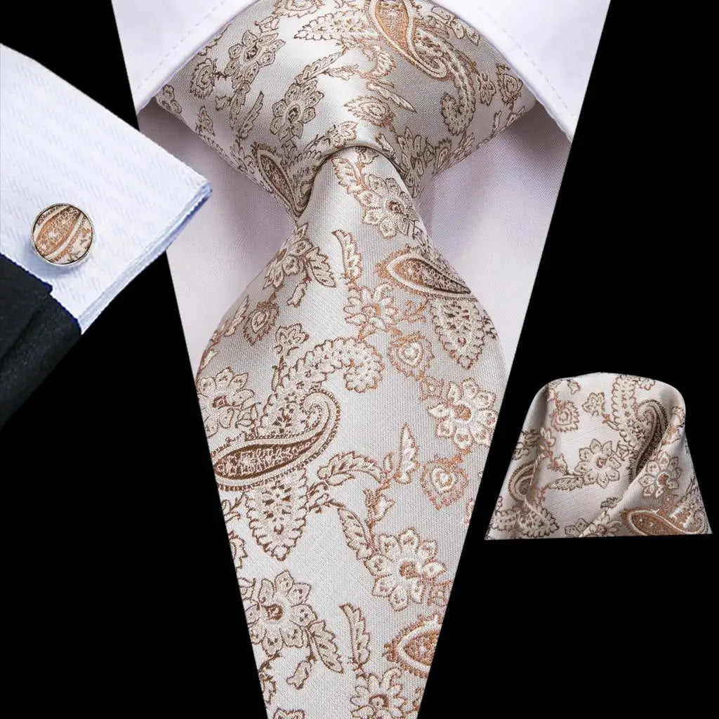 Hi-tie Men Fashion Paisley Sage Green Necktie Handkerchief Cufflinks