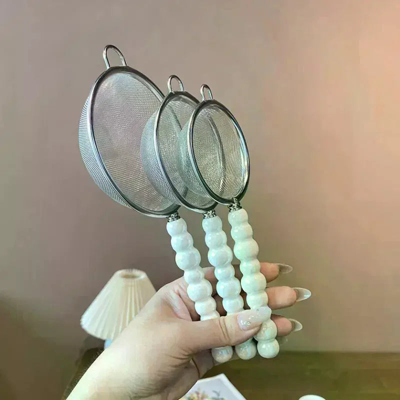 Tea Strainer With Pearl Ceramic Handle Stainless Steel Fine Leak Mesh Sieve Spice Tea Leaf Coffee Filters Teapot Accessories Qme