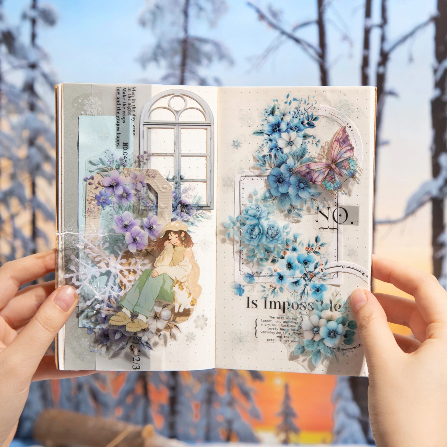 1 Roll Winter Floral Theme PET Material Die-Cut Tape for Journal Diary DIY Scrapbook Collage Decoration Supplies Qme