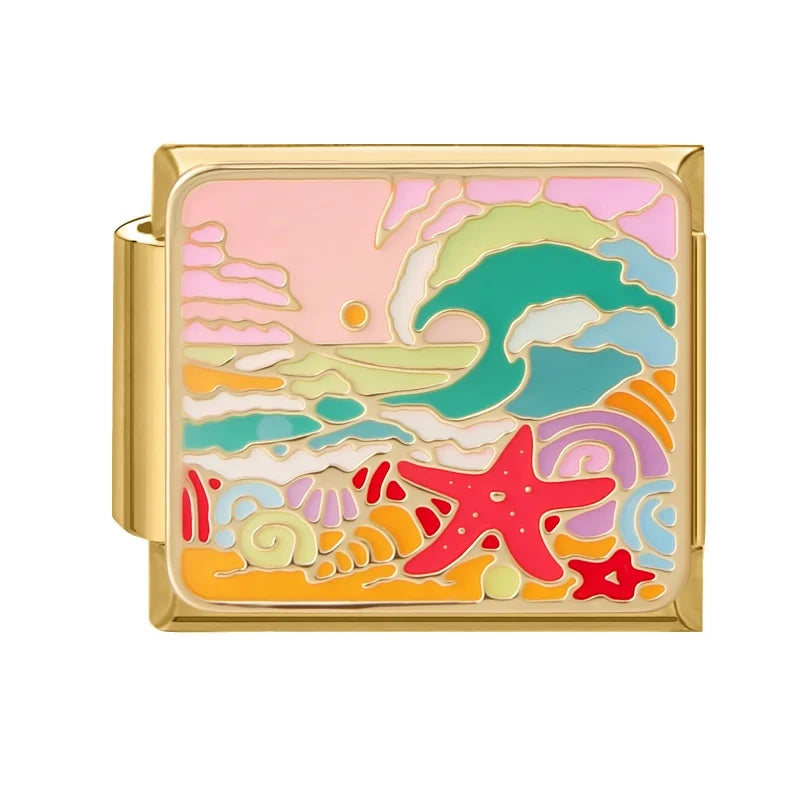Gold Color Spring Summer Colorful Starfish Beach Sky Flowers Italian Charm Links Fit 9mm Women Stainless Steel DIY Bracelet Gift Qme Style 9