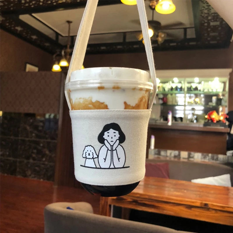 1Pc Portable Water Bottle Holder Carry Bag Coffee Cup Storage Sleeve Cover Canvas Printing Milk Tea Set Drinking Bottle Strap. Qme