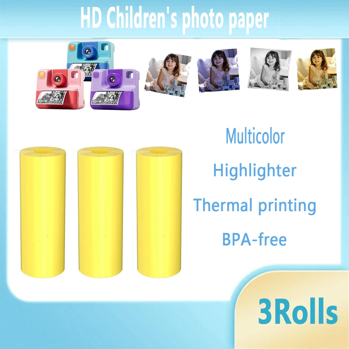 Kids Camera Paper Roll, Kids Instant Refill Paper, 4 Color Portable Thermal Printing Camera Photo Paper Rolls 57*25mm Qme M-Yellow57-25-3