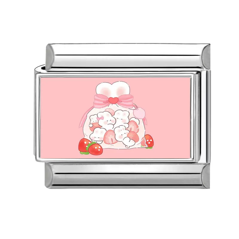 Y2K Pink Design Lovely Rabbits Tulip Flowers Strawberry Italian Charm
