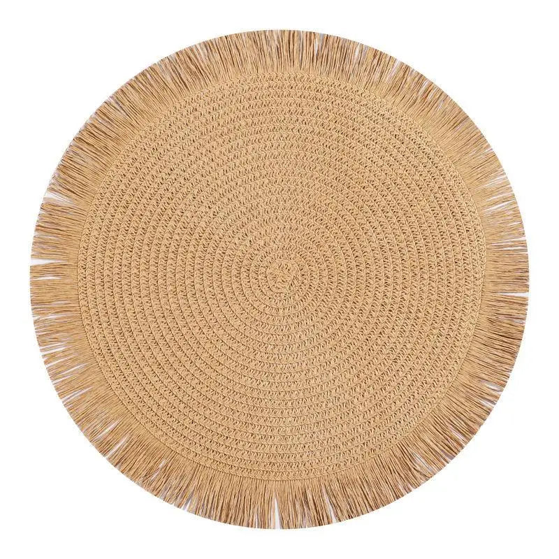 Woven Rattan Round Placemat Handmade Fringe Edge Heat Resistant Home Qme size1 E
