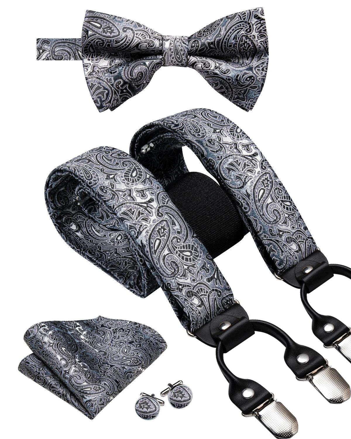 Hi-tie Jacquard Woven Silk Gold Mens Suspender Braces Bow Tie Hanky Qme BD-3063