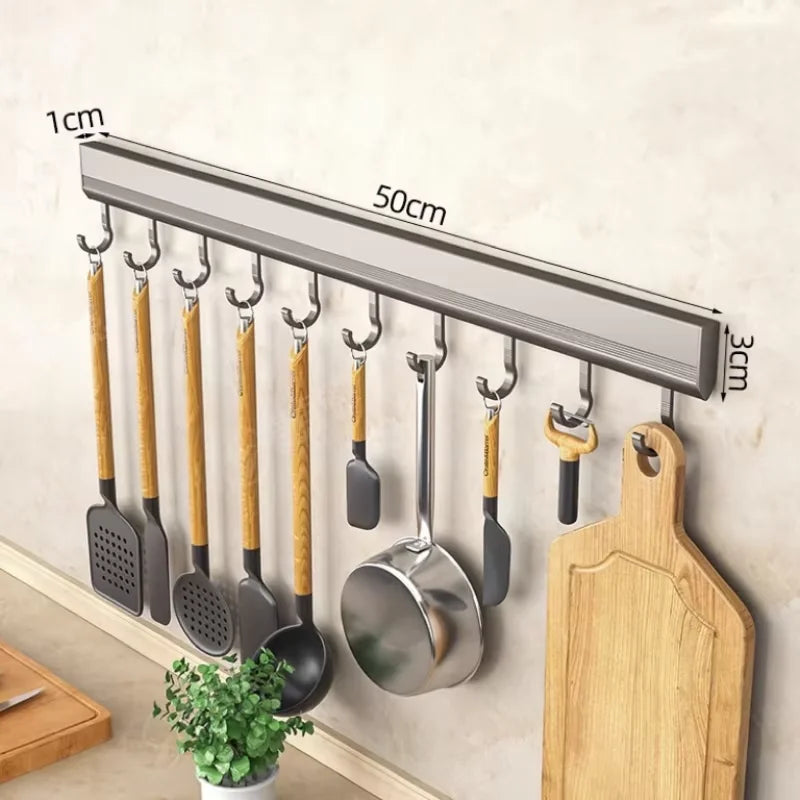 Kitchen HookRack - Wall-Mounted Without Drilling - Space Aluminum Multi-Functional Storage Hooks Qme 10 Hooks