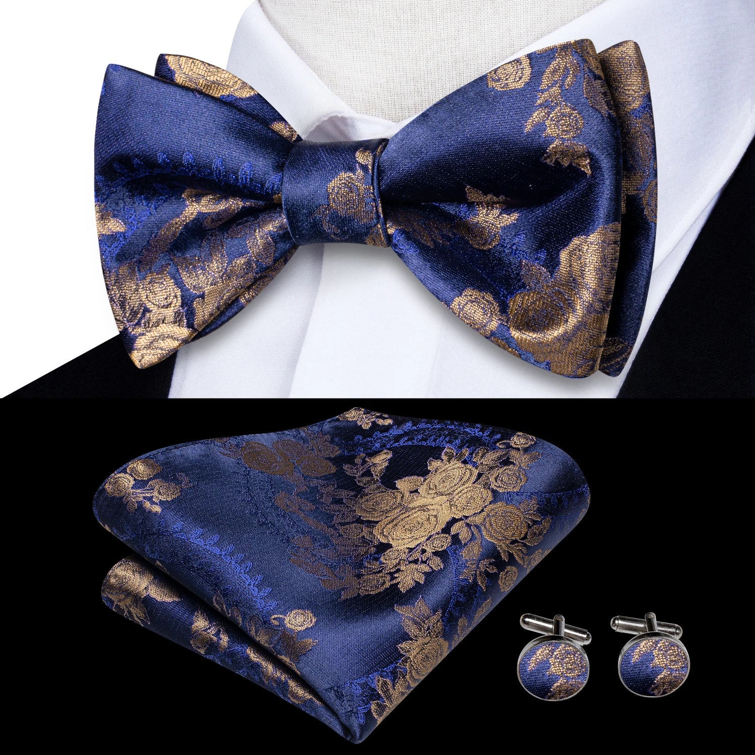 Hi-Tie Silk Mens Self Bow Tie Hanky Cufflinks Set Blue Red Gold Black White Male Jacquard Butterfly Knot Bowtie Wedding Business Qme LH-2114