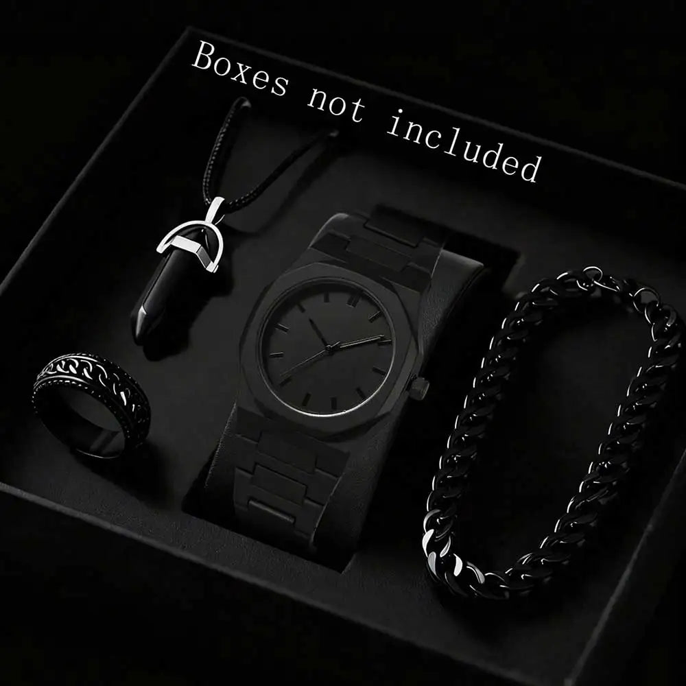 Matte octagonal minimalist scale men's watch Cuban bracelet bullet pendant necklace ring four piece set, not including gift box Qme black