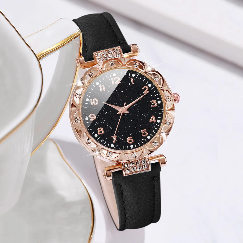 5PCS/Set Rose gold black glitter starry sky dial women's black belt watch 4-piece set bead bracelet, not including gift box Qme
