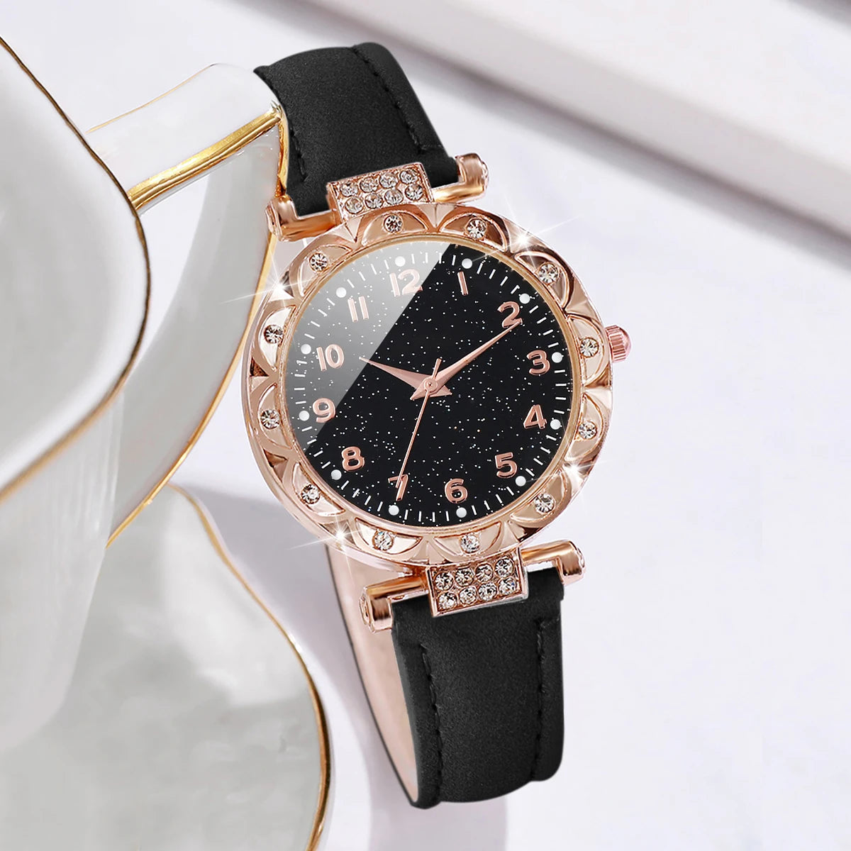 5PCS/Set Rose gold black glitter starry sky dial women's black belt watch 4-piece set bead bracelet, not including gift box Qme