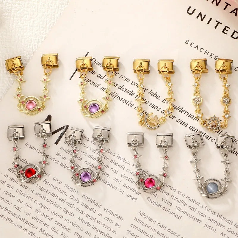 Fashion Bracelet Charms 9mm Full Zircon Shiny Gold Color Tassel Chain Gift for Friend Italian Stainless Steel Jewelry Wholesale Qme