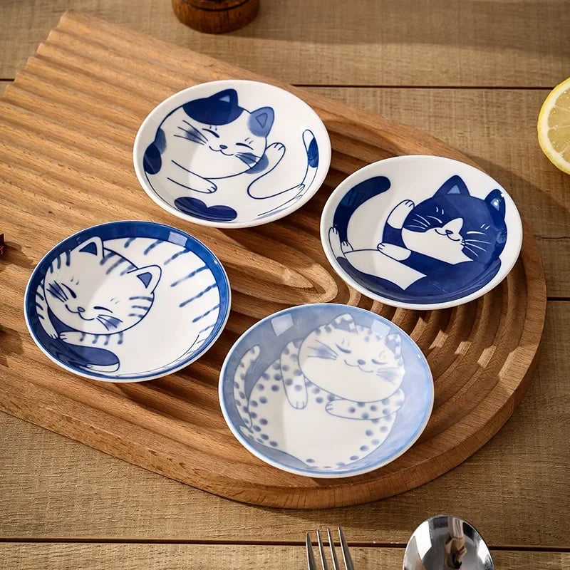 Sauce Dishes Sushi Plate Tableware Japanese Style Ceramic Dessert Creative Cute Cartoon Lucky Cat Pattern Water Drop Shape Plate Qme